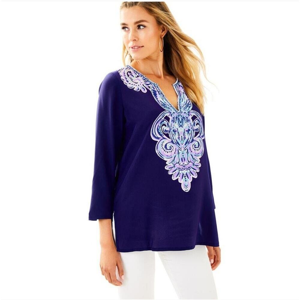 Lilly Pulitzer Pineapple Beaded 100% Silk Renato Dinner Tunic Blouse Size Small